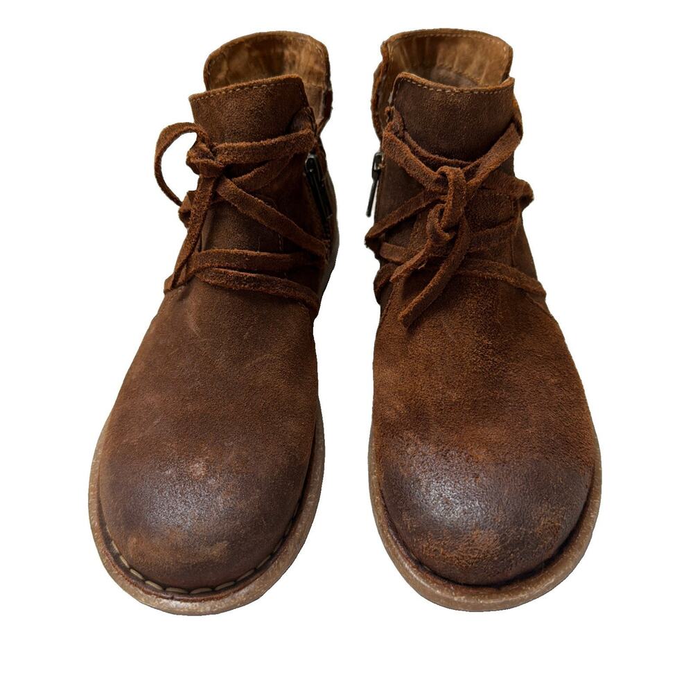 Born Tarkiln Boots Women 7 Brown Ankle Booties Side Zip Distressed Suede Leather